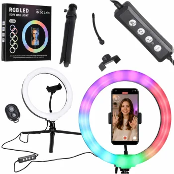 LED RGB žiedinė lempa 10" su trikoju, telefono laikikliu ir pulteliu