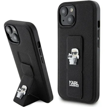 Karl Lagerfeld Gripstand Saffiano dėklas, skirtas iPhone 15, juodas