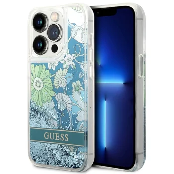 Guess dėklas iPhone 14 Pro telefonui Flower Liquid Glitter, žalias