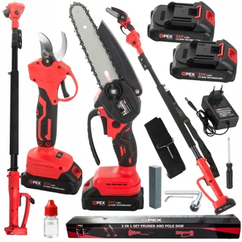Akumuliatorinių sodo įrankių rinkinys 3in1 OPEX TOOLS OPX28035, pjūklas 6", sekatorius, kotas, 2x 21V