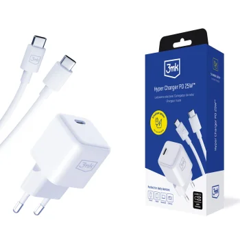 3mk Hyper Charger PD GaN 25W tinklo įkroviklis su USB-C laidu, baltas