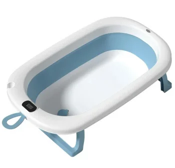 Folding Newborn Baby Silicone Bath Tub with Thermometer 76x47х21cm, Blue