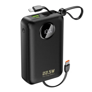 Dudao K14+ išorinė baterija 20000mAh 22.5W su USB-C ir Lightning laidais, juoda
