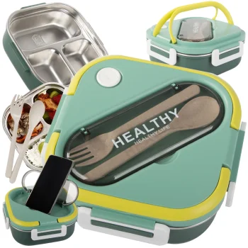 Lunch Box with Compartments and Cutlery, Green, 1000ml