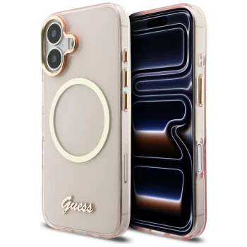 Guess IML Script Metal MagSafe Case for iPhone 17, Pink