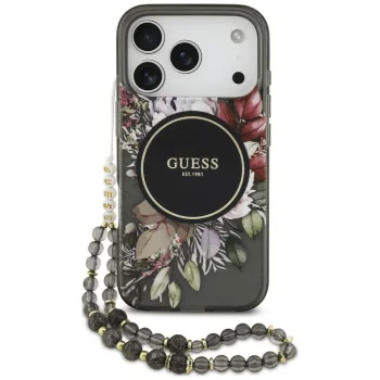 Guess IML Flowers Pearl Strap MagSafe case for iPhone 18 Pro and 17 Pro, black
