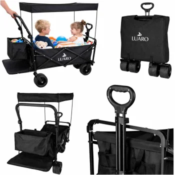 LUARO sulankstomas transportavimo vežimėlis su stogeliu ir tinkleliu, 120 l, juodas