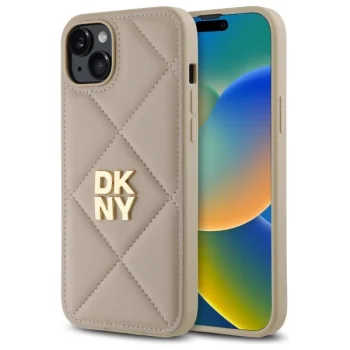DKNY dėklas iPhone 15 Plus telefonui Quilted Stack Logo, smėlio spalvos