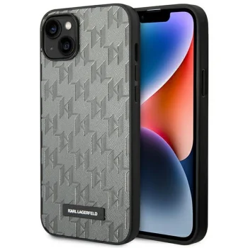 Karl Lagerfeld Saffiano Mono Metal Logo dėklas, skirtas iPhone 14 Plus, pilkas