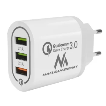 Sieninis įkroviklis Maclean MCE479 W, Quick Charge 3.0, 3x USB, baltas