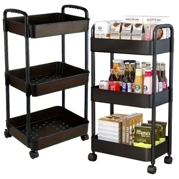 3-Tier Rolling Cart Shelf for Bathroom and Kitchen, Black