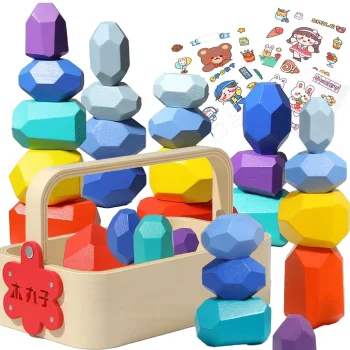 Mediniai balansuojantys akmenys Bakalu Montessori su krepšeliu