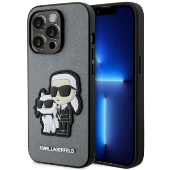 Karl Lagerfeld Saffiano Karl & Choupette dėklas, skirtas Apple iPhone 14 Pro, sidabrinis