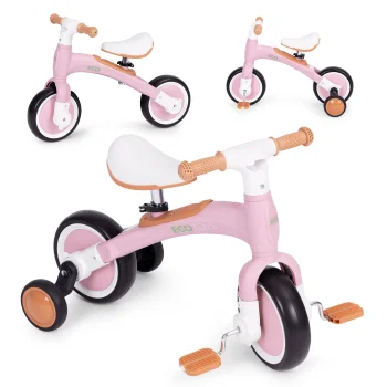 ECOTOYS 3-in-1 vaikiškas balansinis dviratukas su pedalais ir ratukais, rožinis