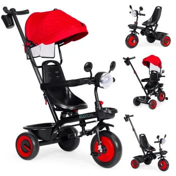 ECOTOYS triratukas „trys viename“ su apsukama kėde ir stogeliu, raudonas