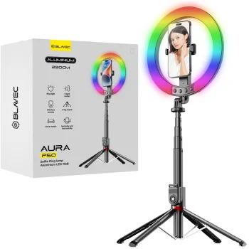 Blavec Aura RGB LED žiedinė lempa su 2,3 m stovu ir telefono laikikliu