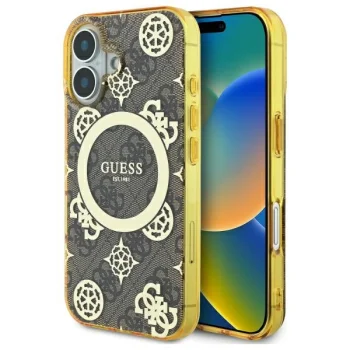 Guess dėklas iPhone 16 telefonui IML Peony On 4G Background MagSafe, rudas