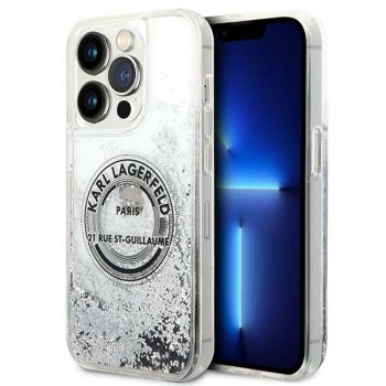 Karl Lagerfeld Liquid Glitter RSG dėklas, skirtas iPhone 14 Pro, sidabrinis
