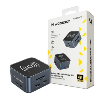 Daugiafunkcis USB-C šakotuvas Wozinsky WHBC09Y8S 12-in-1 su belaidžiu įkrovimu, pilkas