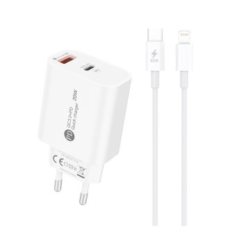 A6MaxL 20W USB-A USB-C įkroviklis su 1m USB-C - Lightning laidu, baltas