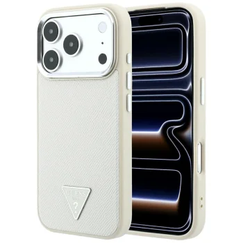 Guess Grained Triangle Logo MagSafe dėklas iPhone 18 Pro Max / 17 Pro Max, smėlio spalvos