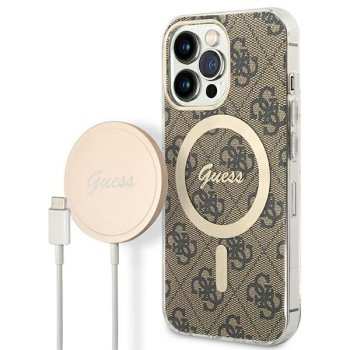 Guess 4G Print MagSafe dėklas ir įkroviklis iPhone 13 Pro, rudas