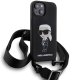 Karl Lagerfeld dėklas iPhone 15 telefonui su virvele Crossbody Silicone Ikonik, juodas