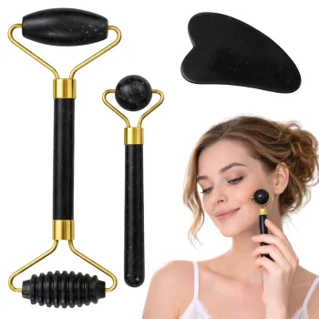 Maitinamojo nefrito veido masažuoklių ir Gua Sha akmens rinkinys 3-in-1, juodas