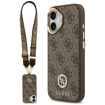 Guess 4G Strass Logo & Big Strap Metal Buttons MagSafe Case for iPhone 17, Brown