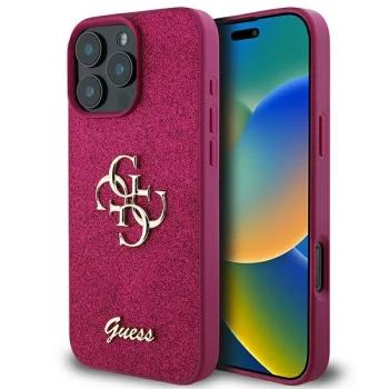 Guess Glitter Script Big 4G dėklas iPhone 16 Pro telefonui, violetinis