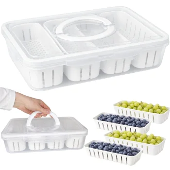 Food Storage Container with 4 Compartments, Drainers and Lid, 29.5 x 22 x 7 cm