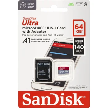 SanDisk Ultra microSDXC atminties kortelė 64GB 140MB/s A1 U1 su adapteriu (SDSQUAB-064G-GN6MA)