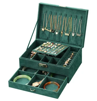 Velvet Jewelry Box Organizer with Drawer, Green