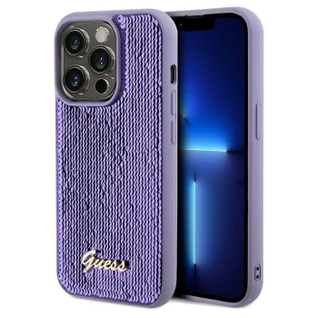Guess dėklas iPhone 14 Pro Max telefonui Sequin Script Metal, violetinis