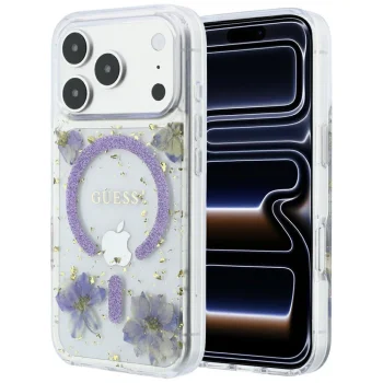 Guess Resin Flowers Glitter MagSafe dėklas iPhone 18 Pro Max / 17 Pro Max, violetinis