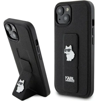 Karl Lagerfeld dėklas iPhone 15 telefonui Saffiano Choupette Pins Gripstand, juodas