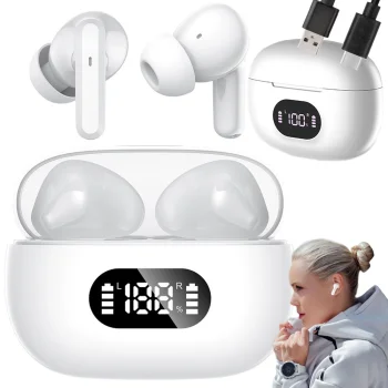 Belaidės Bluetooth į ausis įstatomos ausinės su LED dėklu, baltos