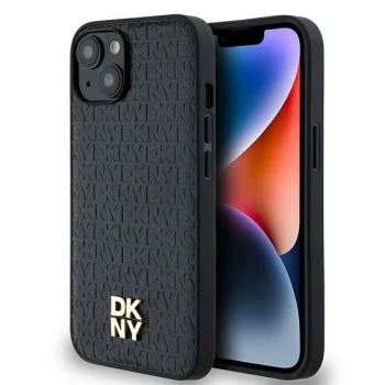 DKNY dėklas iPhone 15 / 14 / 13 Leather Monogram Metal Logo MagSafe, juodas