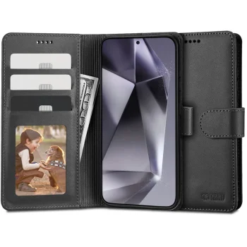 Tech-Protect Wallet atverčiamasis dėklas, skirtas Samsung Galaxy S24 Ultra, juodas