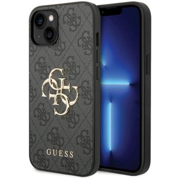 Guess 4G Metal Logo dėklas, skirtas Apple iPhone 15, pilkas