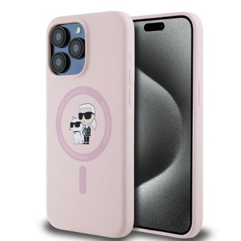 Karl Lagerfeld dėklas iPhone 15 Pro telefonui Silicone Karl & Choupette MagSafe, rožinis
