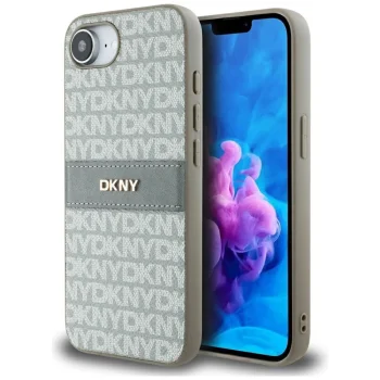 DKNY Mono Stripe & Metal Logo dėklas telefonui iPhone 16e, smėlio spalvos