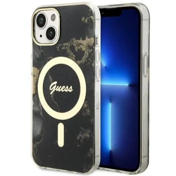 Guess dėklas iPhone 14 Plus telefonui Golden Marble MagSafe, juodas