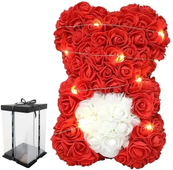 Rose Bear with Heart and LED Lighting, 23cm, Red