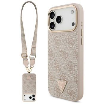 Guess 4G Triangle Logo MagSafe dėklas su dirželiu iPhone 17 Pro Max, rožinis
