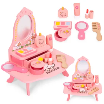 Ecotoys medinis vaikiškas kosmetinis staliukas su veidrodžiu ir 7 priedais