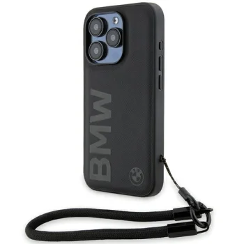 BMW Signature Leather Wordmark Cord dėklas telefonui iPhone 15 Pro, juodas