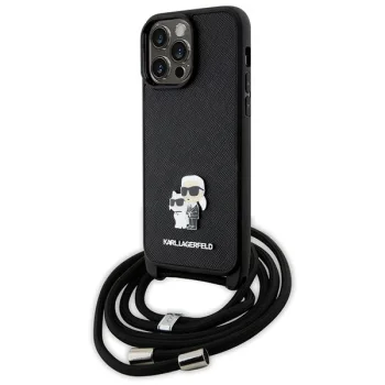 Karl Lagerfeld dėklas iPhone 14 Pro Max telefonui su virvele Saffiano, juodas