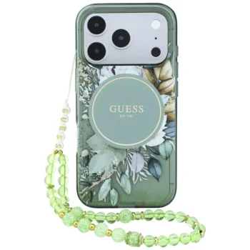 Guess IML Flowers Pearl Strap MagSafe case for iPhone 18 Pro / 17 Pro, green