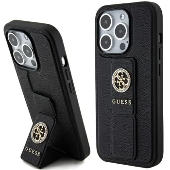 Guess iPhone 15 Pro Max Case Grip Stand 4G Saffiano Strass, Black